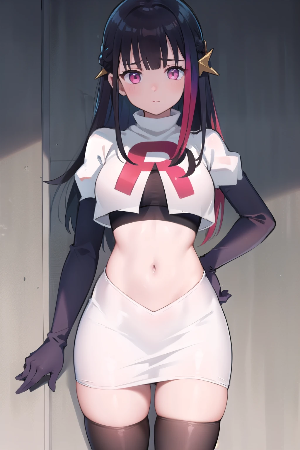 rouge redstar,1girl, black hair, solo, long hair, pink eyes,ear ornament, streaked hair, blunt bangs, looking at viewer,cowboy shot, team rocket,team rocket uniform,white skirt,red letter R,crop top,black thigh-highs,black elbow gloves, (best quality, masterpiece),