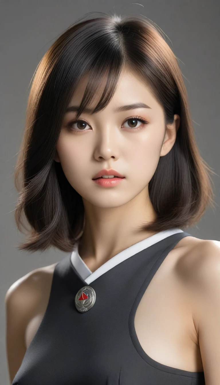 8k, Ultra-high resolution, Highest quality, masterpiece, 三分割法によるphotograph,Surreal, photograph, 1 Girl, (16 years old:1.3), pretty girl, Cute Face, Beautiful eyes in every detail, 細かくdetailedに,masterpiece,One Girl:1.2,Japanese female officer,Superior non-commissioned officer,full body,furious,glaring,Black short hair,Bob with bangs, (The finest ceremonial attire:1.3),Pencil Skirt,Military clothing,???? SS uniform,HUGO BOSS,Sharp contours,Looking down,Gray background, Light from above, Low contrast, (Side view),Perfect and beautiful face ,完璧でCute Face, Skin with attention to detail, Perfect limbs、Narrow waist,Looking at the audience,(((Ideal body type))),A cup small breasts :2,Portraiture:2,Perfect ???????,鮮明なdetailed,detailed,Surreal,Light and shadow,glowing