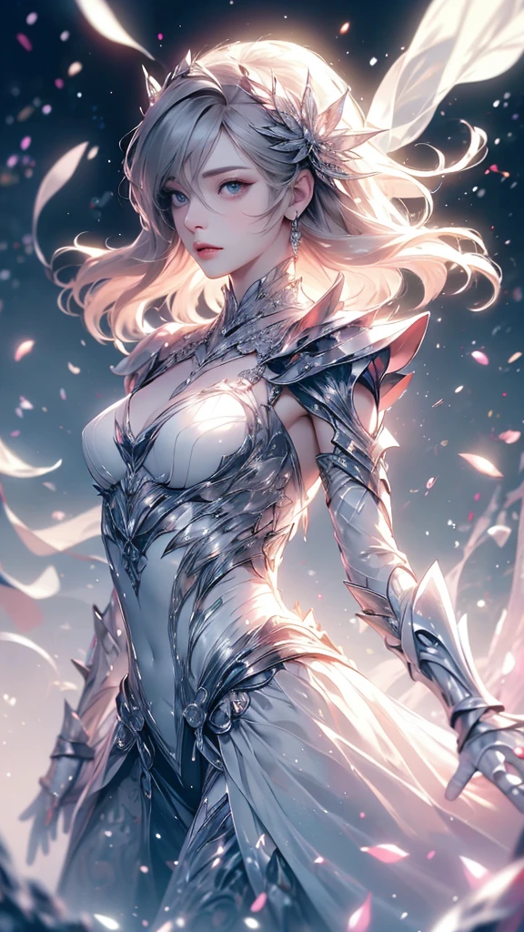 (((Tabletop))), (((Highest quality))), ((Very detailed)), (Very detailed写真), ((Very delicate and beautiful)),(Cute delicate face),here is a digital art of a very futuristic looking female that has armor and armss, One Girl, arms, alone, sf, Holding, Holding arms, robot,Beautiful face and eyes, double eyelid,Delicate skin,Slim figure、Dress and armor
