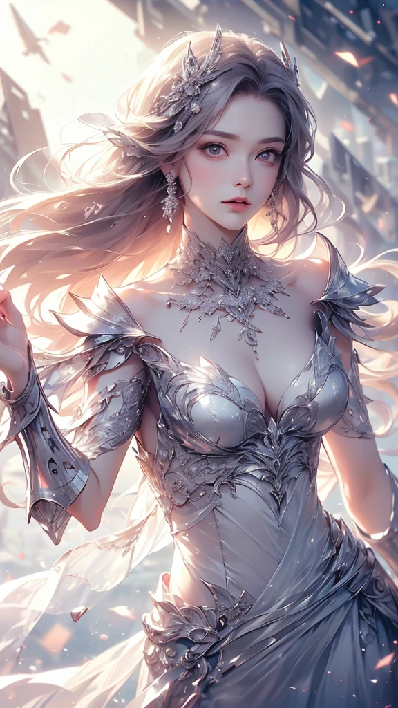 (((Tabletop))), (((Highest quality))), ((Very detailed)), (Very detailed写真), ((Very delicate and beautiful)),(Cute delicate face),here is a digital art of a very futuristic looking female that has armor and armss, One Girl, arms, alone, sf, Holding, Holding arms, robot,Beautiful face and eyes, double eyelid,Delicate skin,Slim figure、Dress and armor