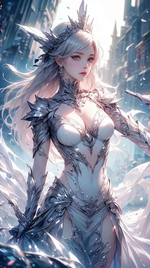 (((Tabletop))), (((Highest quality))), ((Very detailed)), (Very detailed写真), ((Very delicate and beautiful)),(Cute delicate face),here is a digital art of a very futuristic looking female that has armor and armss, One Girl, arms, alone, sf, Holding, Holding arms, robot,Beautiful face and eyes, double eyelid,Delicate skin,Slim figure、Dress and armor