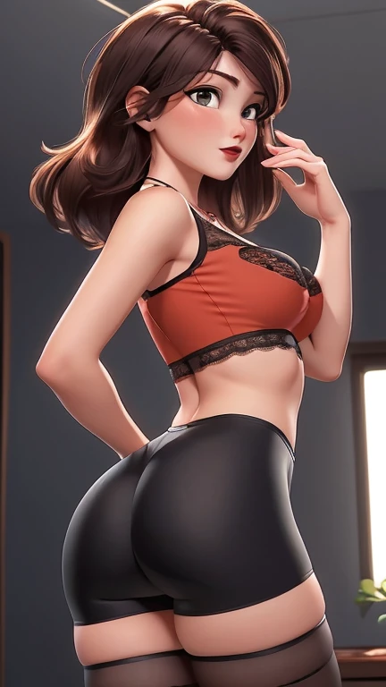 masterpiece, ultra high-quality, extremely detailed, 8k, high resolution, 1girl, kurenai yuhi, black hair, red eyes, thin body, huge breasts, bubble butt, firm butt, lace, bra, highleg panties, beautiful face, indoors, from behind
