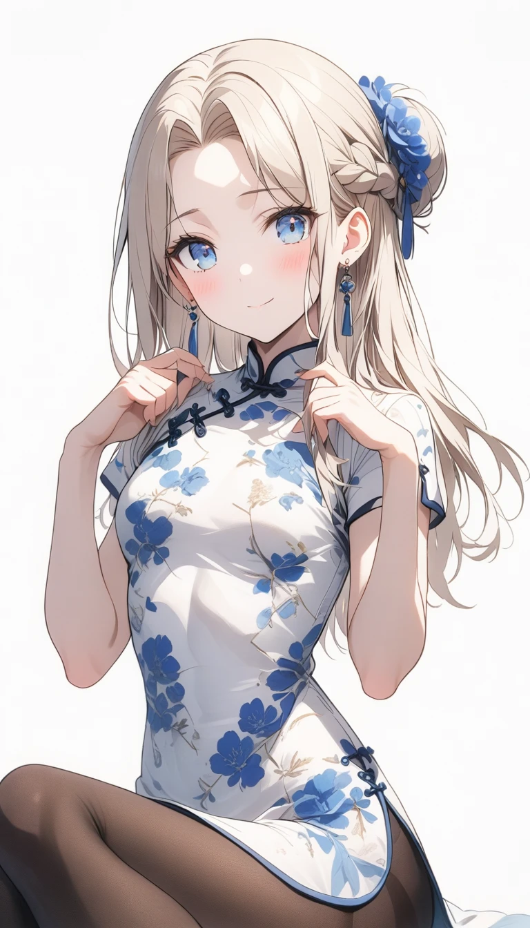 cheongsam,1 Girl,(Ilyasviel von Eisbern),Red_Eye,Cream-colored hair,(French Braid),Smile,Blue flowers,breast,china skirt,Chinese clothes,skirt,earrings,Floral,hands up,sit,Long hair,Looking at the audience,Pantyhose,print skirt,Simple background,Smile,Solitary,White background
