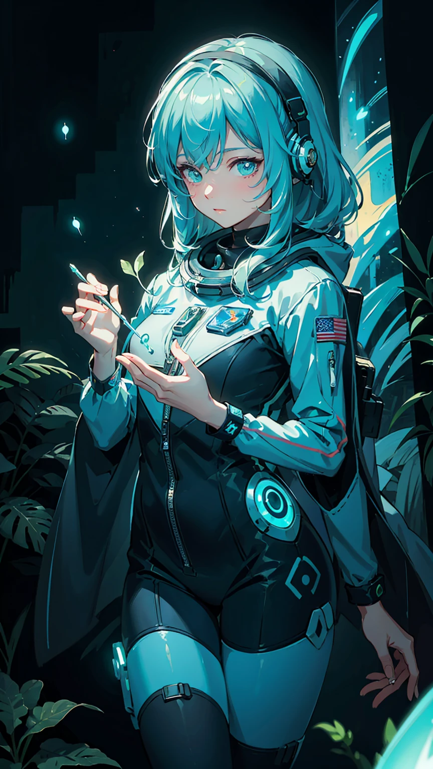 Super detailed illustration of an astronaut lost in a strange magical world, Shine, Luminescent plants, Very detailed, Bright colors, Hand drawn strokes, visible stroke, Oil paints, art:MSchiffer, night, Bioluminescence