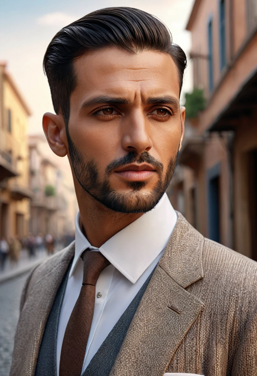 (arabian man, 20s old, young man, fashion model, square face), street style, serious looks, serious atmosphere, looking at viewers, profile photo, upper body shot, ((from back:1.5)), ((high-quality, hyper realistic, photorealistic, 8K, best quality, 4k, highres, masterpiece:1.5)), ultra-detailed, (realistic, photorealistic, photo-realistic:1.3), HDR, UHD, ultra-fine painting, sharp focus, physically-based rendering, extreme detail description, professional,