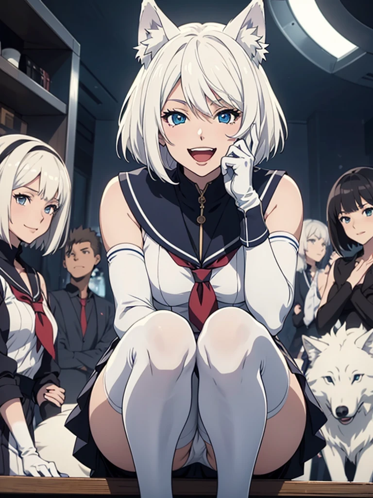 On the table high resolution Best image quality 8K Adult females Anime style White long gloves(Elbow gloves) White sailor suit(sleeveless) mini skirt White leggings White wolf ears short hair((shortcut)(White hair)(Perm)(Fluffy)) blue eyes Charming face((laughter)(Smile)(open mouth)) squat Hands on knees
