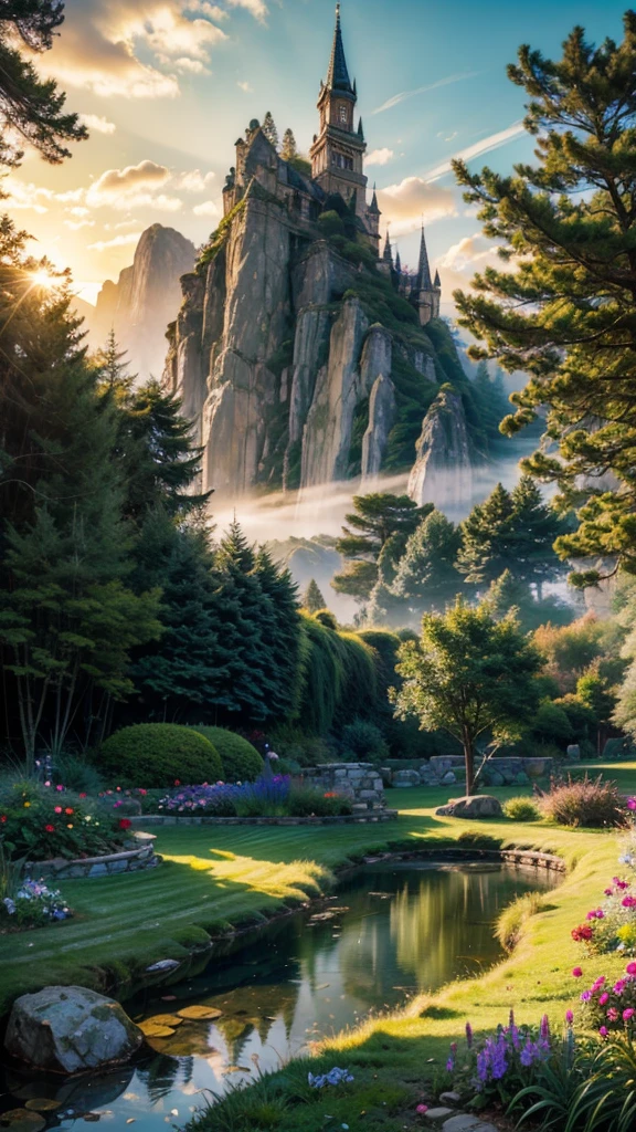 fairytale view with ornamented fantasy fairy garden in a wide valley with huge dramatic mountains in the distance,springtime,large ornamental lawns, very deep clear brightly glowing natural pond, rocks plants flowers shrubs trees moss lawns grass animals,sunrise and strong sunbeams,very hazy,extreme details,photorealistic,4k,HD,beautiful,nature, dreamy, low shot,ground level photo