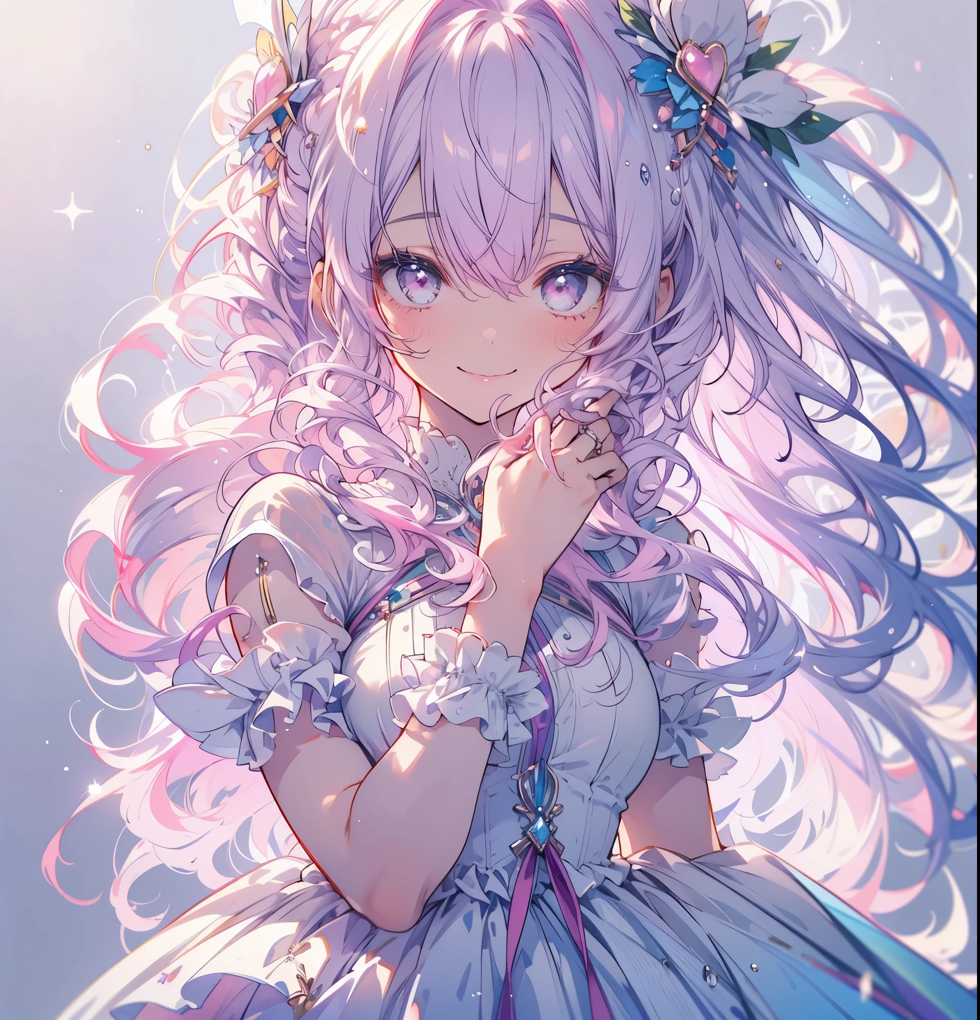 (masterpiece,Highest quality, Very detailed, beautiful, Exquisite, 16K, Full HD), ((smile,Happy:1.5)),get up,((Frills, Sparkling fluffy layered ball gown)), (Pink medium hair,Wavy Hair,Fluffy hair),(White skin,Lavender eyes, Long eyelashes, Big eyes,Pale pink cheeks), (pastel colour,Fantasy art:1.2), (White Background:1.8),Turn your whole body forward,Upper Body
