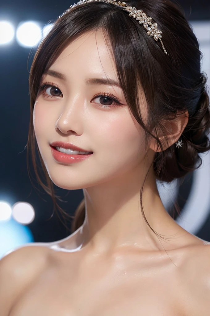 (masterpiece:1.3), high resolution, ultra detailed, extremely detailed CG unity 8k wallpaper, realistic, photo-realistic, RAW photo, beautiful detailed face, pale skin, realistic glistening skin, detailed cloth texture, detailed hair texture, Perfect body, Beautiful Face, accurate, Anatomically correct, Highly detailed face and skin texture, natural neck length, (beautiful hands), (fair skin:1.1), (well-aligned teeth:1.1), (Sweaty skin:1.2),
BREAK,
Detailed eyes, symmetric eyes, Light Brown eyes, Double eyelids, Thin eyebrows, (Glossy lips:1.4), ((A face with waiting for a kiss:1.2)), (blush:1.1), (A sparkling small hair accessory:1.1), (beautiful smile:1.1), (having microphone:1.3),
BREAK,
(A classy and Cute idol:1.3), (nude, nsfw, very erotic nipple:1.4),
BREAK,
medium large breasts, slender figure, firm abs,
((half updo, black hair, bangs:1.2)), (cowboy shot:1.2), (looking at viewer), cowboy shot, From above,
BREAK,
(singing on stage:1.3),