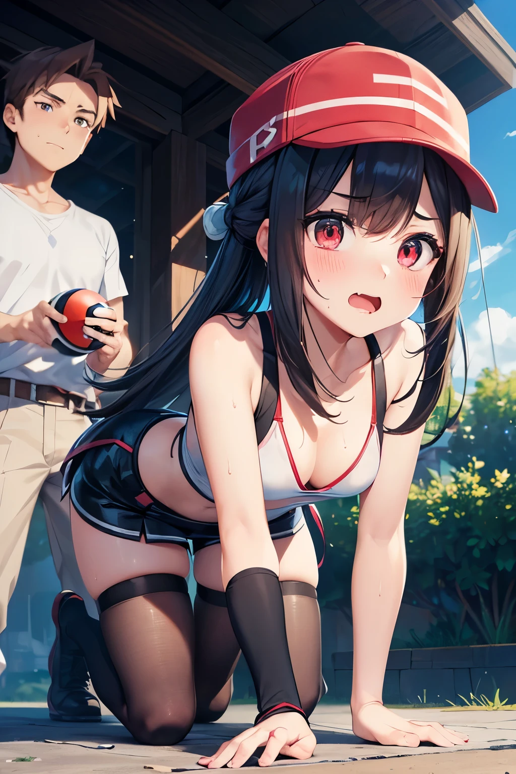 8k, raw photo, masterpiece, extremely detailed, best quality, professional lighting, high res, bautiful girl, (2 models, 1 girl and 1 man, man is standing behind her:1.3), (the man is holding up small Poké ball:1.3), dynamic, dramatic (front view), BREAK (Pokémon:1.3), (she was turned into one of the Pokémons, she became one of the monsters of Pokémon, a male Pokémon trainer controls her, she is controlled as a Pokémon:1.4), she came out from the Poké ball, (the man of her master wearing cap is standing behind her, the man is controlling her, she is being commanded by the man:1.3), (she is forced submitting to her master), brainwashed, hypnotized, BREAK (outdoor), grassland, (she is on all fours and barking loudly like a dog:1.3), (she is attacking the viewer because she is ordered by the man, she is becoming aggressive due to hypnosis:1.3), her body is being controlled against her will, (she is his pet), BREAK panic, confused face, sweat drop, (red eyes due to hypnosis), embarrassed, blush, humiliated, wide opened mouth, fang, sfw