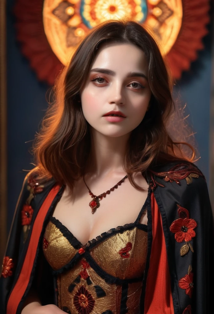 a beautiful young girl, religious woman wearing a cloak, fair skin, black stripes embroidered on the eyes, realistic, background red, scar on the face, dress with golden lace, arco de sol ao fundo, delalhes, vestido preto, chorando, boca levemente aberta, mãos dadas orando, (best quality,4k,8k,highres,masterpiece:1.2),ultra-detailed,(realistic,photorealistic,photo-realistic:1.37),HDR,UHD,studio lighting,ultra-fine painting,sharp focus,physically-based rendering,extreme detail description,professional,vivid colors,bokeh,portraits