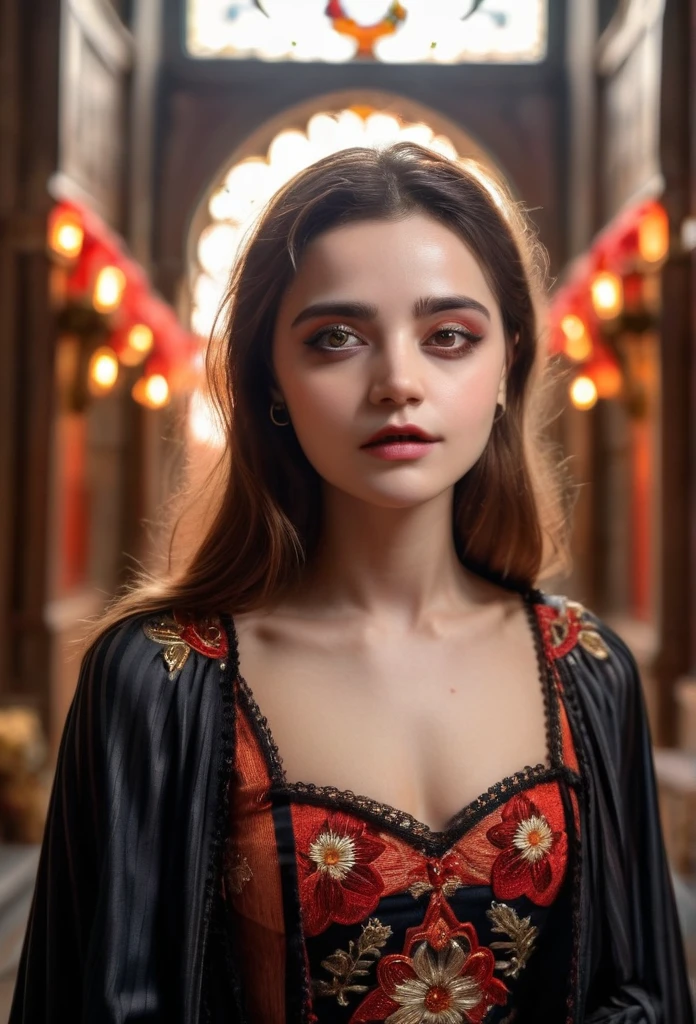 a beautiful young girl, religious woman wearing a cloak, fair skin, black stripes embroidered on the eyes, realistic, background red, scar on the face, dress with golden lace, arco de sol ao fundo, delalhes, vestido preto, chorando, boca levemente aberta, mãos dadas orando, (best quality,4k,8k,highres,masterpiece:1.2),ultra-detailed,(realistic,photorealistic,photo-realistic:1.37),HDR,UHD,studio lighting,ultra-fine painting,sharp focus,physically-based rendering,extreme detail description,professional,vivid colors,bokeh,portraits