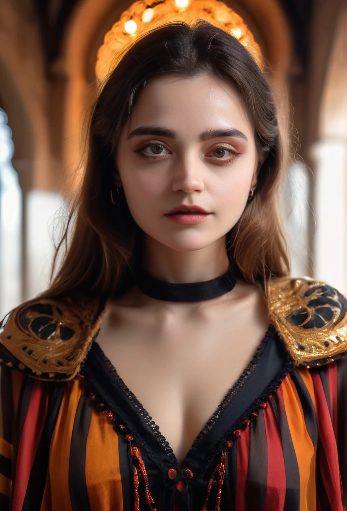 a beautiful young girl, religious woman wearing a cloak, fair skin, black stripes embroidered on the eyes, realistic, background red, scar on the face, dress with golden lace, arco de sol ao fundo, delalhes, vestido preto, chorando, boca levemente aberta, mãos dadas orando, (best quality,4k,8k,highres,masterpiece:1.2),ultra-detailed,(realistic,photorealistic,photo-realistic:1.37),HDR,UHD,studio lighting,ultra-fine painting,sharp focus,physically-based rendering,extreme detail description,professional,vivid colors,bokeh,portraits