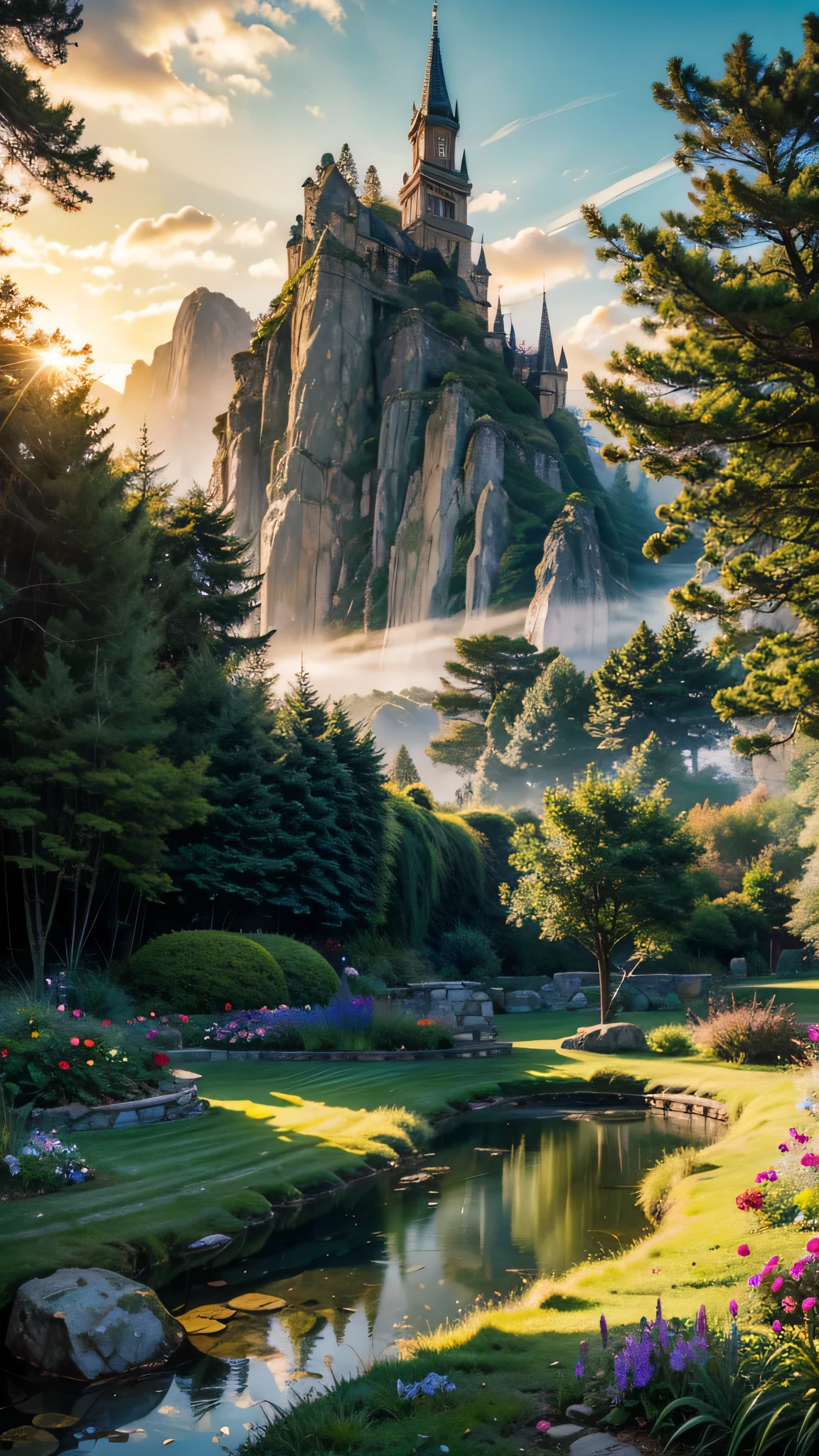 fairytale view with ornamented fantasy fairy garden in a wide valley with huge dramatic mountains in the distance,springtime,large ornamental lawns, very deep clear brightly glowing natural pond, rocks plants flowers shrubs trees moss lawns grass animals,sunrise and strong sunbeams,very hazy,extreme details,photorealistic,4k,HD,beautiful,nature, dreamy, low shot,ground level photo