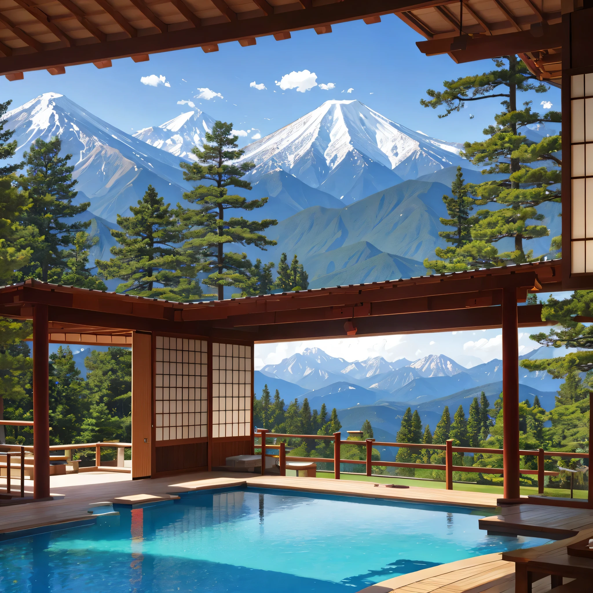 Japanese garden、pine tree、Pool、Mountains and caves in the distance