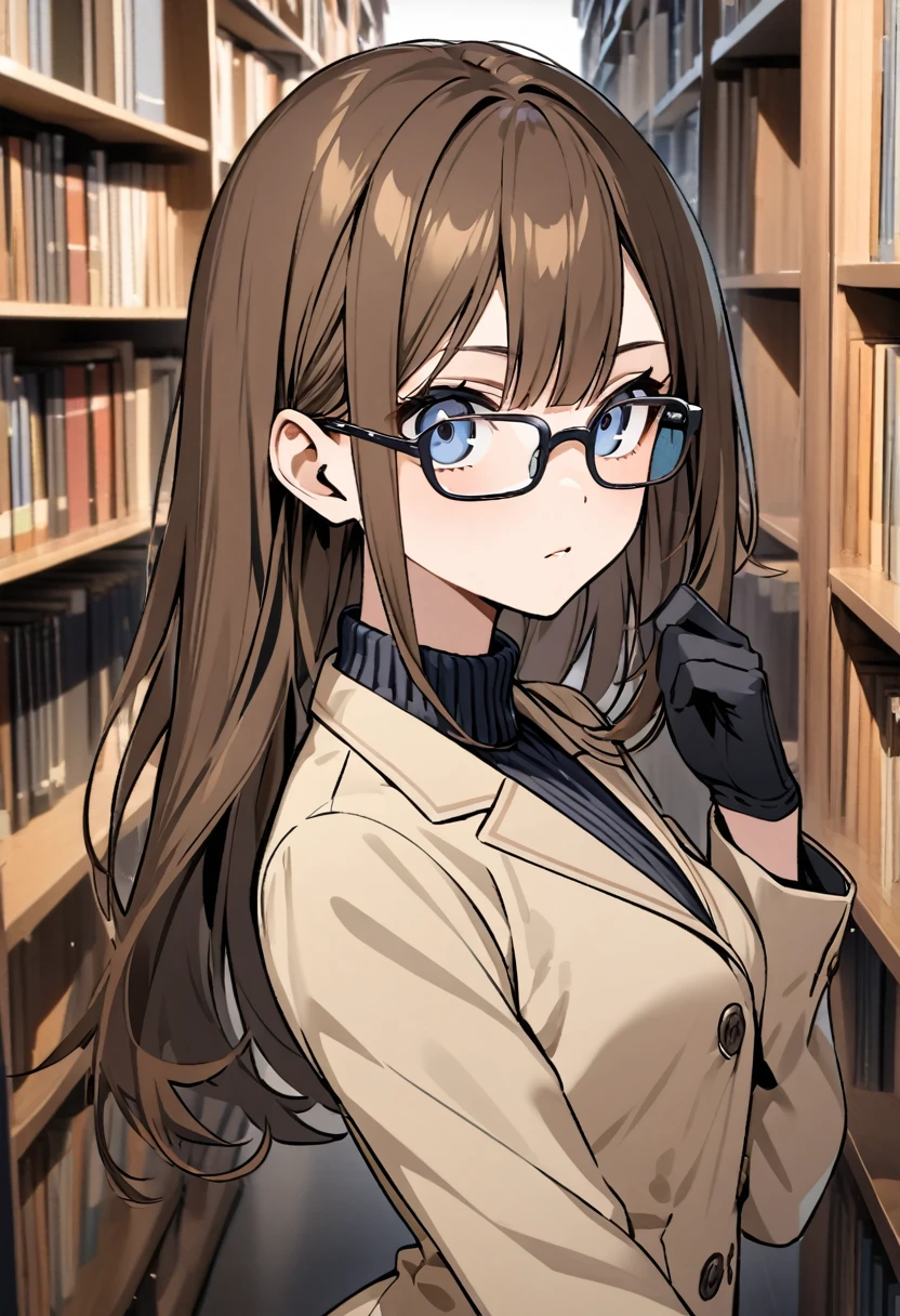 square glasses, black turtleneck, a beige-color two-button blazer, dark navy-blue pants, and a pair black gloves, looking at viewer, shoulder-length hair, female, upper body, standing, library background, bookshelfs, brown hair