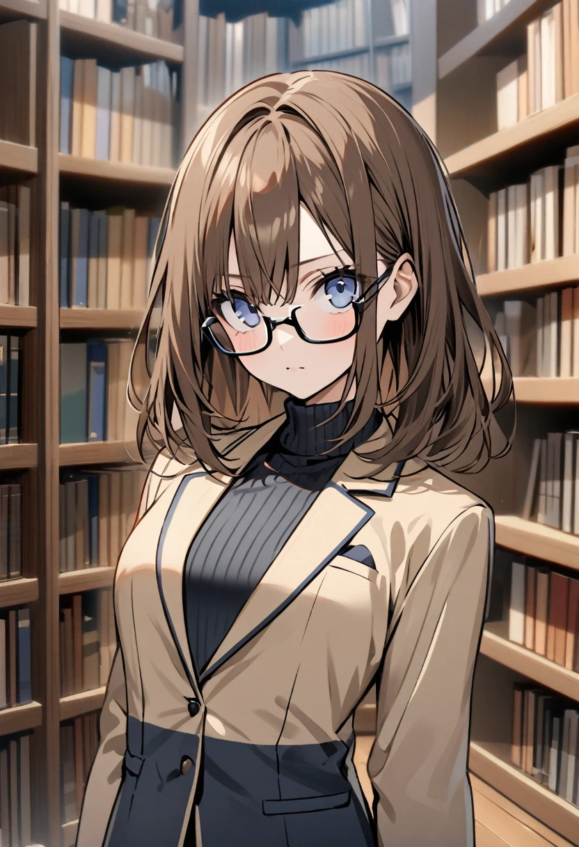 square glasses, black turtleneck, a beige-color two-button blazer, dark navy-blue pants, and a pair black gloves, looking at viewer, shoulder-length hair, female, upper body, standing, library background, bookshelfs, brown hair