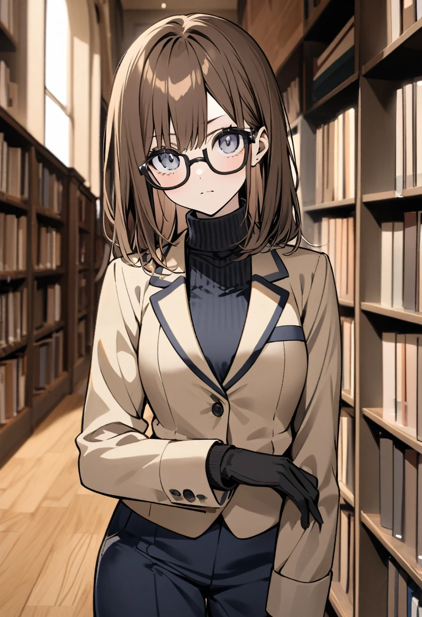 square glasses, black turtleneck, a beige-color two-button blazer, dark navy-blue pants, and a pair black gloves, looking at viewer, shoulder-length hair, female, upper body, standing, library background, bookshelfs, brown hair