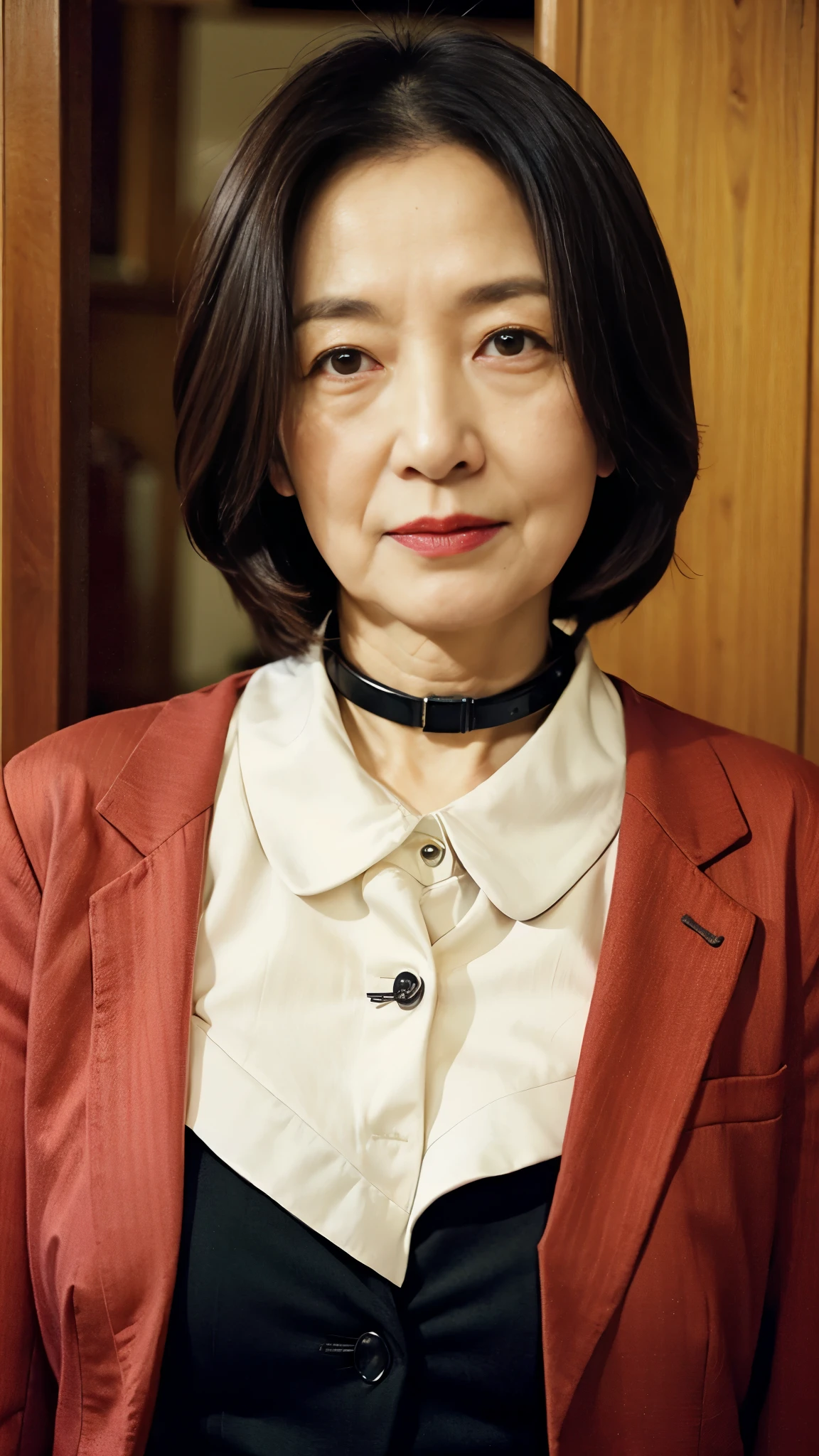 Beautiful mature woman、63-year-old woman、Face close-up, Japanese painting、Red lips, Thin lips, business suit、Dog collar, Light from the front