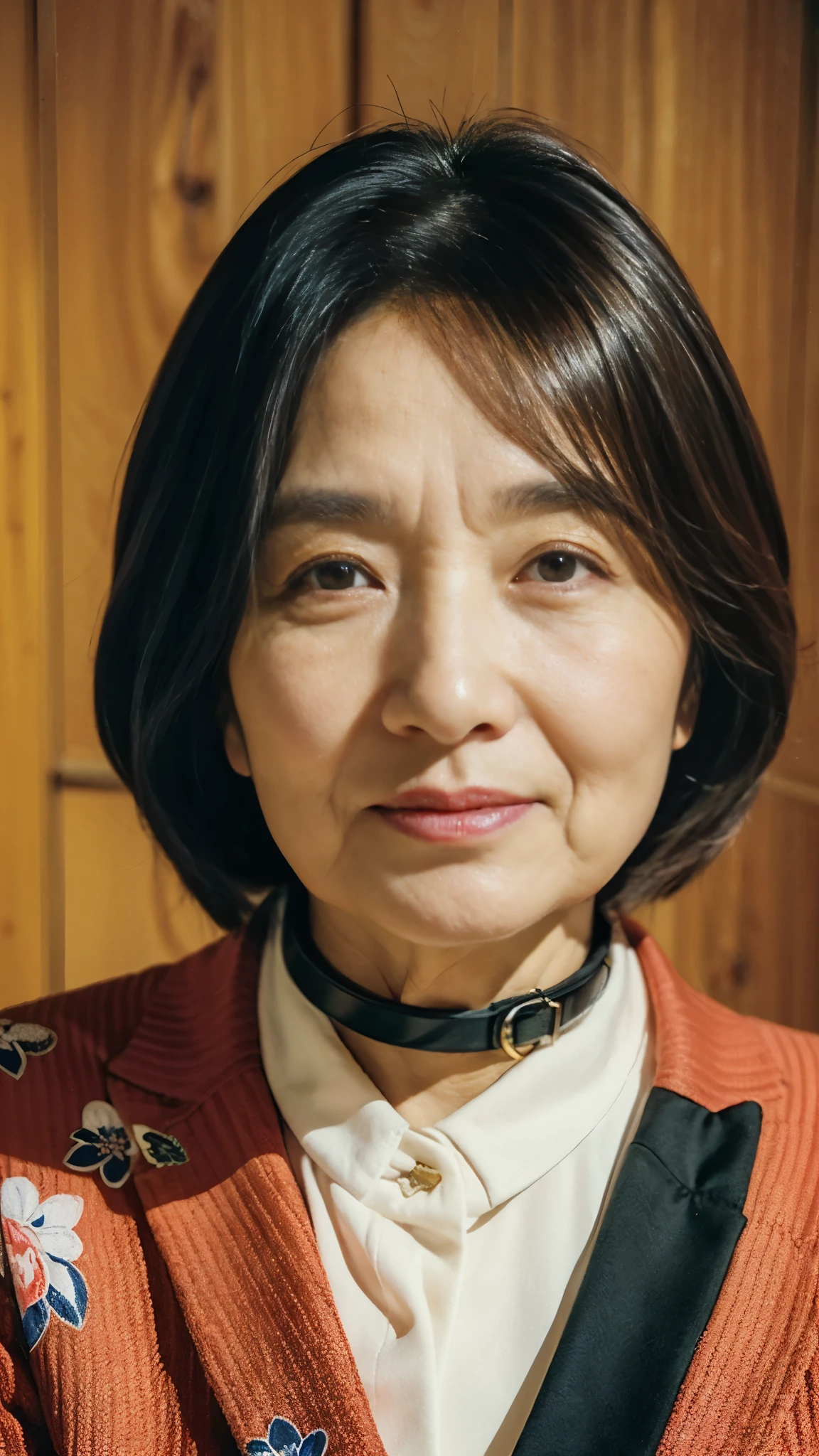Beautiful mature woman、63-year-old woman、Face close-up, Japanese painting、Red lips, Thin lips, business suit、Dog collar, Light from the front