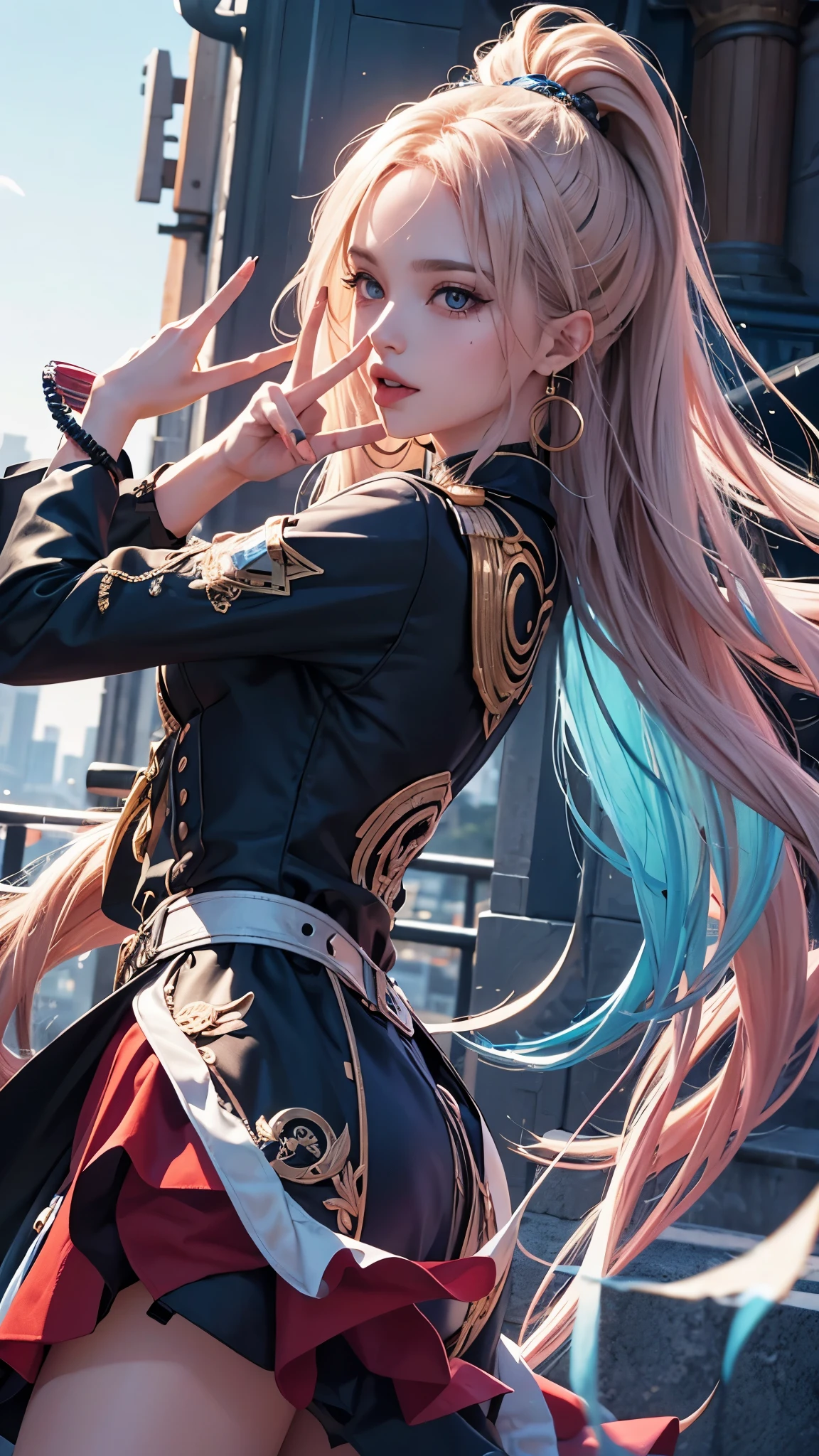 nicole demara, cowboy shot, tongue out, peace symbol, from side, city, BREAK score_9, score_8_up, score_7_up, score_6_up, score_5_up, score_4_up, anime source BREAK