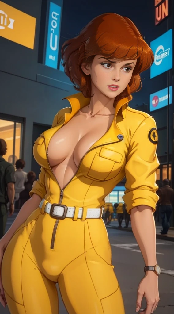 unreal engine:1.4,UHD,The best quality:1.4, photorealistic:1.4, skin texture:1.4, masterpiece:1.8,posing from behind Abril O'Neil waifu, 1980s \(style\), 1 woman, brown hair, Red hair,short hair,orange hair,serious expression, worried expression, Retro art style, short hair, only, female television reporter, yellow jersey suit, white belt,jersey suit on yellow hips, (naked_old: 1.2), half_old, neckline, hyperrealistic eyes, beautiful eyes,detailed eyes, realistic face, beautiful woman woman, realistic background,urban street, Cyberpunk street night lights, Amazing lights, amazing background, tv reporter