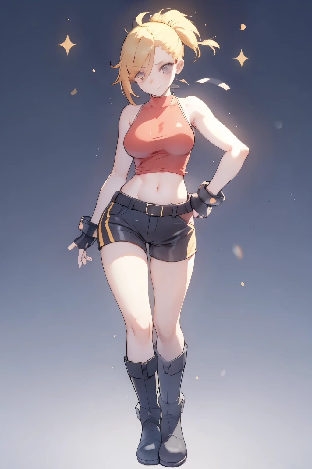 (best quality:1.2),solo,1girl,mdrin,smile,looking at viewer ,stand pose , ponytail,v-shaped eyebrows,red shirt, fingerless gloves,black shorts , relaxed arms, garden background, warm color tones,soft lighting, Hair over one eye, ultra long hair, standing on hooftop, long boots, long ponytail, blonde , fullbody view, stand straight with your back upright. Keep your shoulders back and maintain a straight line from your head to your feet, symmetrical frontal view, face aligned,