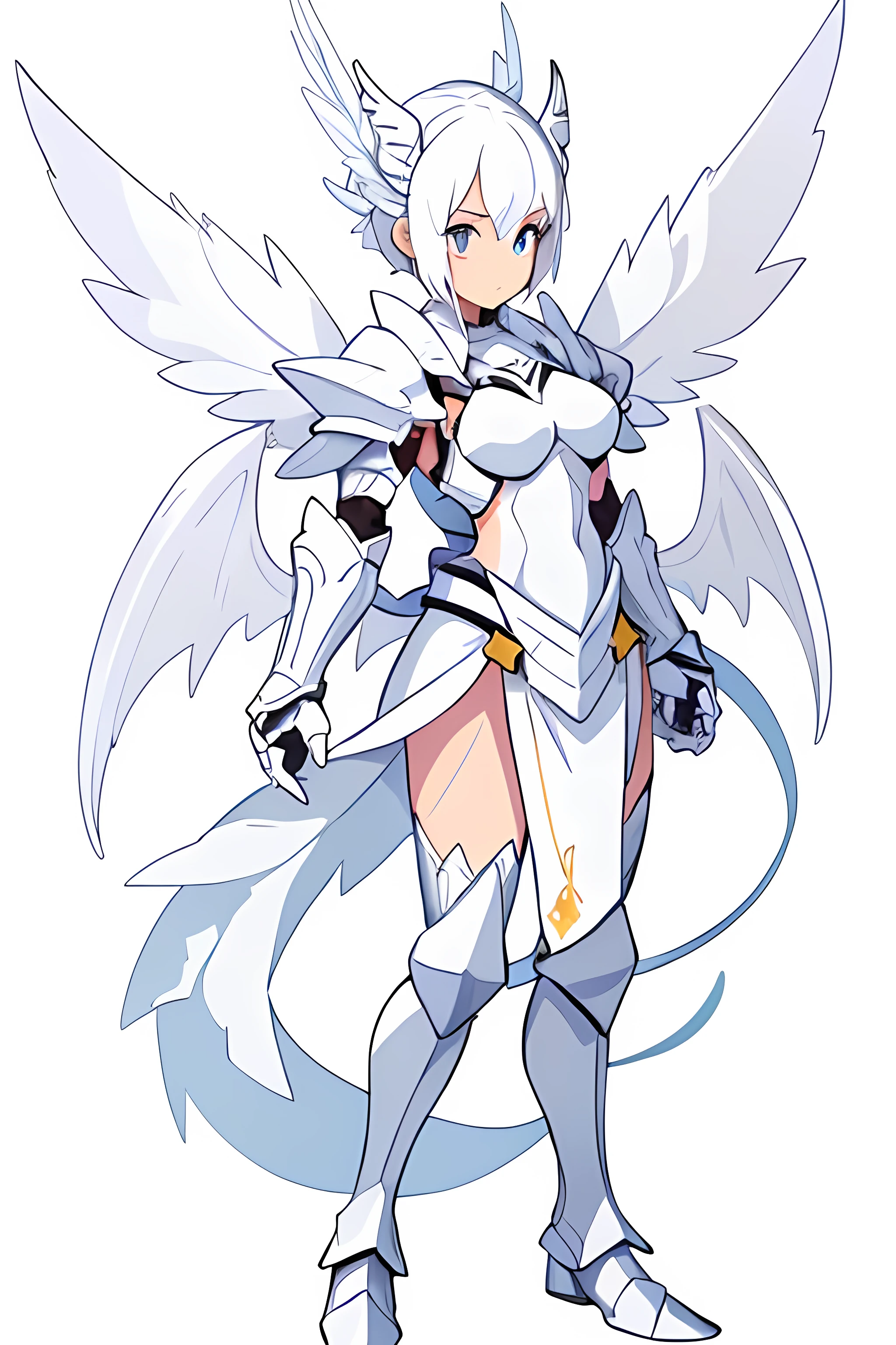 ((( white female knight armor))) dynamic pose,  white hair, white_accesories, , white eyes, long hair, (((white background))).full body, High resolution,  best quality, ,  several pairs of white wings,  white female knight armor,  (((white demon wings in the middle of the waist))),  white small dragon tail,  white eyes. white_clothes,  HD,  8k,  full_body,  (((white_background))),  white_accessories, (((female knight armor)))