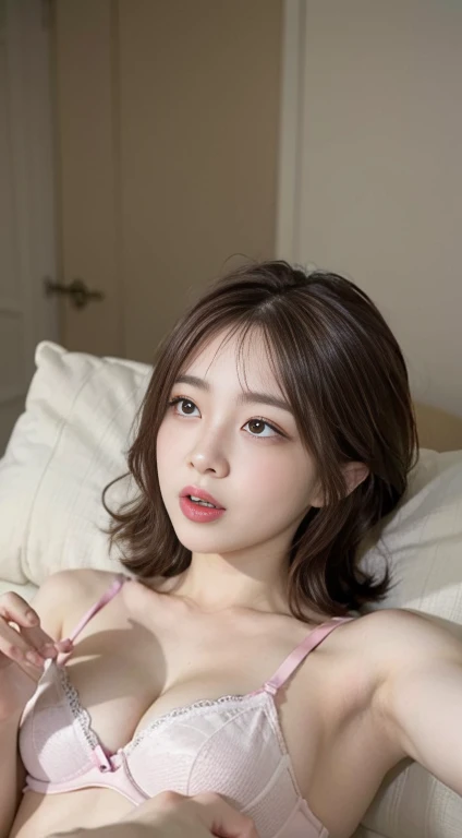 ((Browsing Caution:1.4, masterpiece, Highest quality, High resolution, 超High resolution, Pixel Perfect, 4K, RTTX10.0, High resolution))), (((One Girl, single, alone, she, Beautiful girls))), (((((short hair、Brown Hair、lure、joy))))), ((Beautiful eyelashes)), ((Detailed face, blush:1.2)), ((Beautiful and large breasts, Cleavage)), indoor, Bedroom, Dynamic Angle, Big Breasts, Perfect body, Underarm, ((Sleeping in bed, (Sleep on your back:1.5), sleepy, close your eyes, Lying in bed, Sleeping position, Wake up)), ((close, throw, cute, Shoot the body, Sighing expression)), ((pink bra color, Pink Lingerie)), Embarrassed expression, (((Expression of sexual pleasure:1.8))), (Expression of unbearable pain:1.2), The facial expression of a person who is holding back from going to the toilet, twist