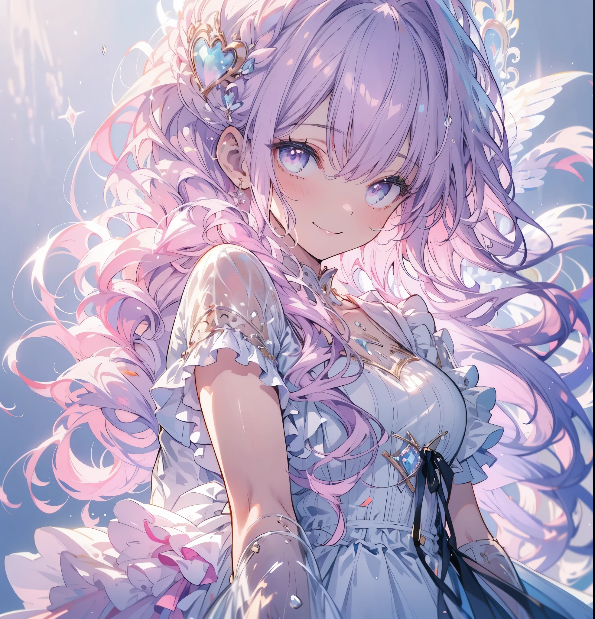 (masterpiece,Highest quality, Very detailed, beautiful, Exquisite, 16K, Full HD), ((smile,Happy:1.5)),get up,((Frills, Sparkling fluffy layered ball gown)), (Pink medium hair,Wavy Hair,Fluffy hair),(White skin,Lavender eyes, Long eyelashes, Big eyes,Pale pink cheeks), (pastel colour,Fantasy art:1.2), (White Background:1.8),Turn your whole body forward,Upper Body
