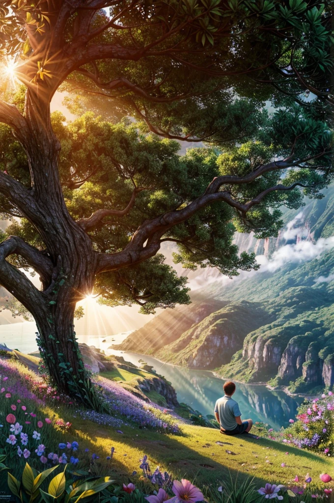 a boy sitting under a big tree, View of the sea, surrounded by lush vegetation in a valley of flowers, rise sun, with rays of light, slightly misty day, Ultra -HD, Reality, cinematic light, detailed back ground, swirly vibrant colors, conceptual artwork