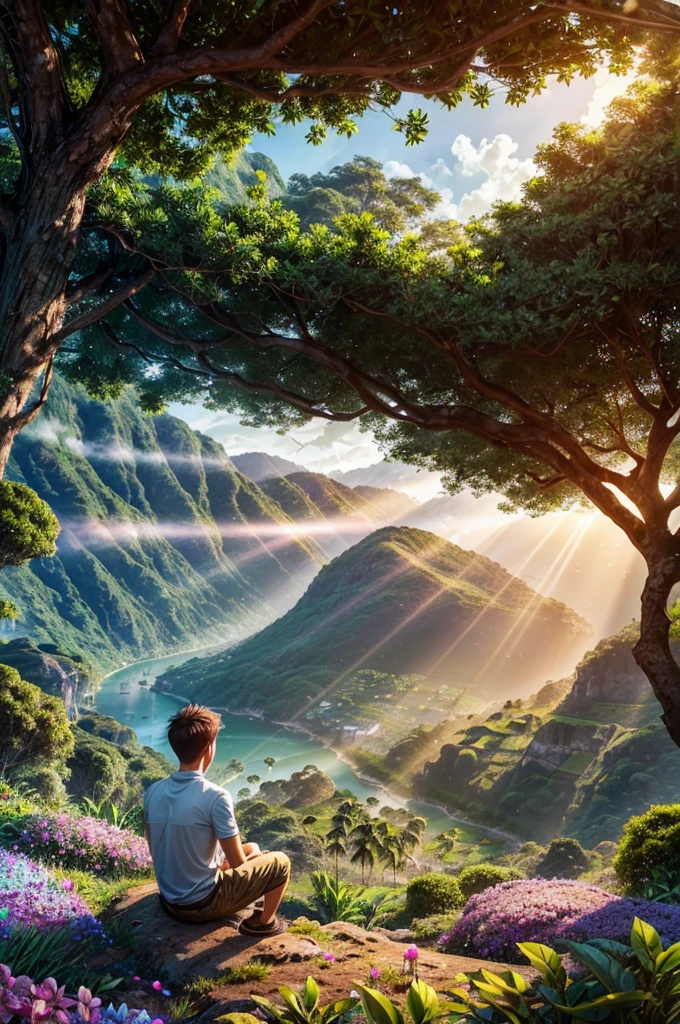 a boy sitting under a big tree, View of the sea, surrounded by lush vegetation in a valley of flowers, rise sun, with rays of light, slightly misty day, Ultra -HD, Reality, cinematic light, detailed back ground, swirly vibrant colors, conceptual artwork