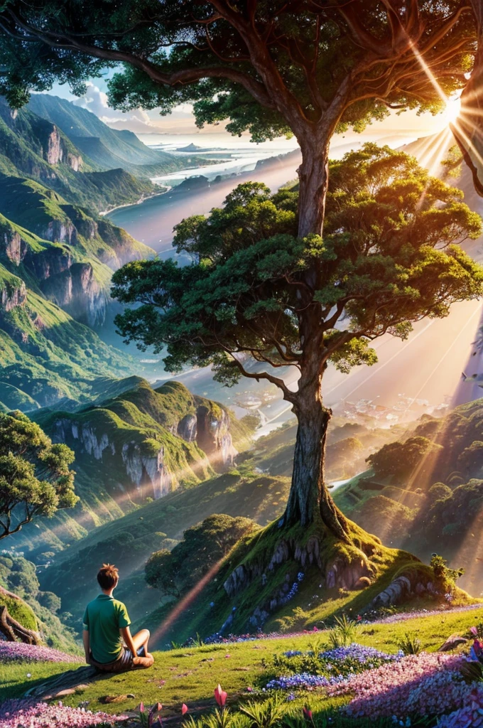 a boy sitting under a big tree, View of the sea, surrounded by lush vegetation in a valley of flowers, rise sun, with rays of light, slightly misty day, Ultra -HD, Reality, cinematic light, detailed back ground, swirly vibrant colors, conceptual artwork