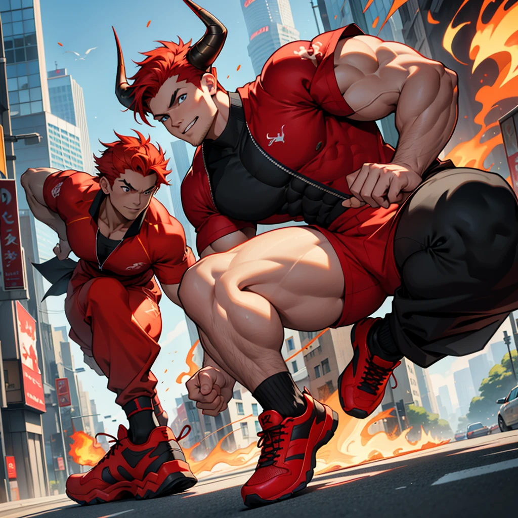 fire bending, man, short red hair, strong, animated style, blue eyes, Modern city background, Beautiful smile. Characters face full body from head to toe, very attractive and muscular body, red horns protruding from their head, dragon horns. A muscular woman dressed in sportswear. big, muscular arms. Black sports shoes. Black sportswear with red tones.