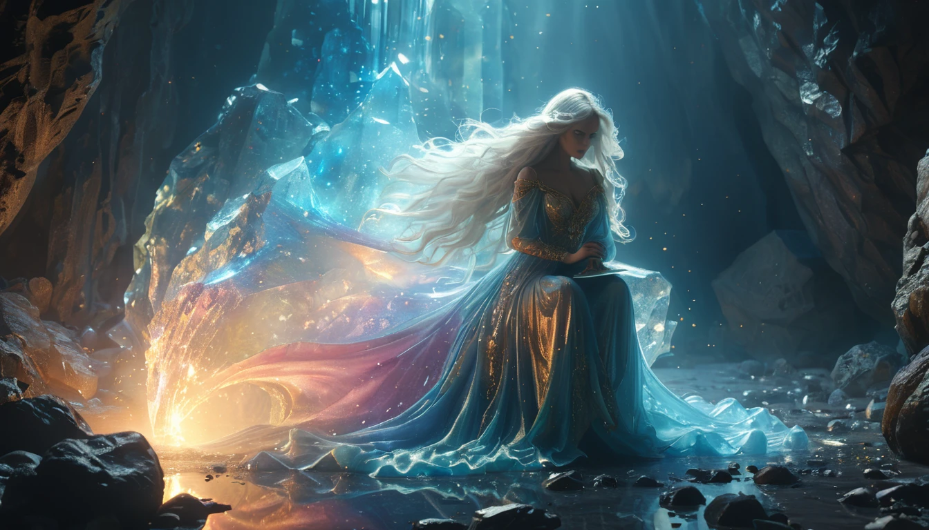 (best quality,4k,8k,highres,masterpiece:1.2),ultra-detailed,(realistic,photorealistic,photo-realistic:1.37), Crystal Cave, crystal rock, Crystal Reflection, light, illumination, Glowing particle composition), general shot, ethereal light, Octane Rendering, Strengthen, complicated,otherworldly,terrifying,mystical aura,dark,ominous atmosphere,dramatic lighting,cold color palette,magical particles swirling around,demonic energy emanating,powerful presence,ethereal beauty,herculean strength,captivating gaze,unsettling presence,haunting and mesmerizing,horrifyingly enchanting