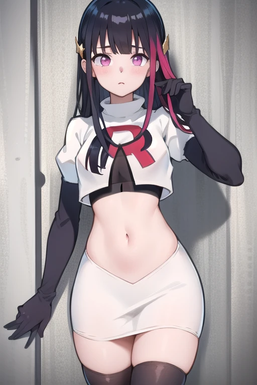 rouge redstar,1girl, black hair, solo, long hair, pink eyes,ear ornament, streaked hair, blunt bangs, looking at viewer,cowboy shot, team rocket,team rocket uniform,white skirt,red letter R,crop top,black thigh-highs,black elbow gloves, (best quality, masterpiece),