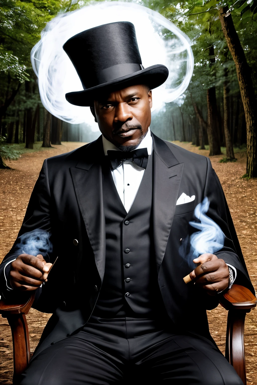 50-year-old black man with a standard physical shape. wearing a black top hat and wearing a cape and smoking a cigar. Make that man with the angry expression. seated in a chair, draw a forest at night in the background.