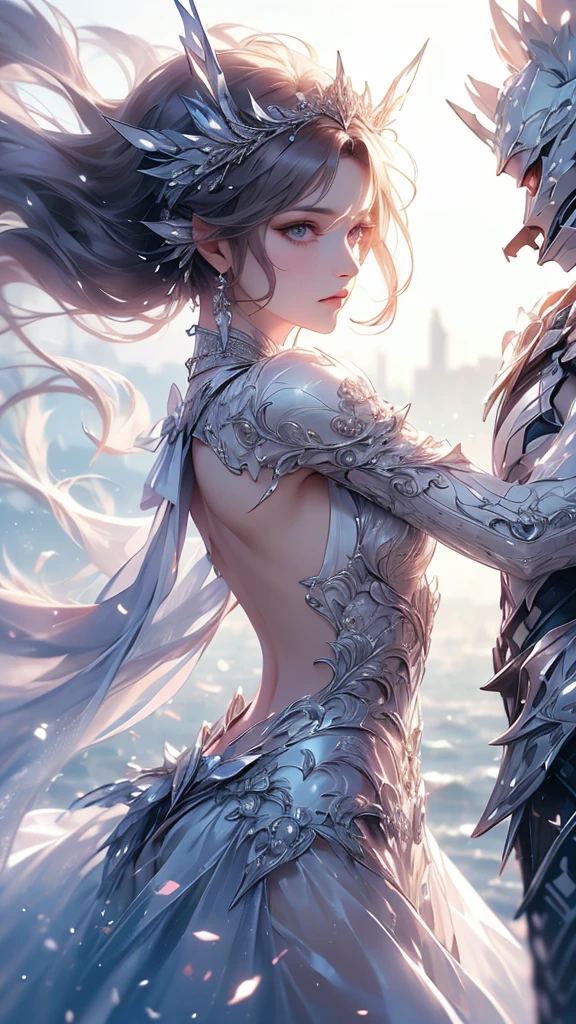 (((Tabletop))), (((Highest quality))), ((Very detailed)), (Very detailed写真), ((Very delicate and beautiful)),(Cute delicate face),here is a digital art of a very futuristic looking female that has armor and armss, One Girl, arms, alone, sf, Holding, Holding arms, robot,Beautiful face and eyes, double eyelid,Delicate skin,Slim figure、Dress and armor