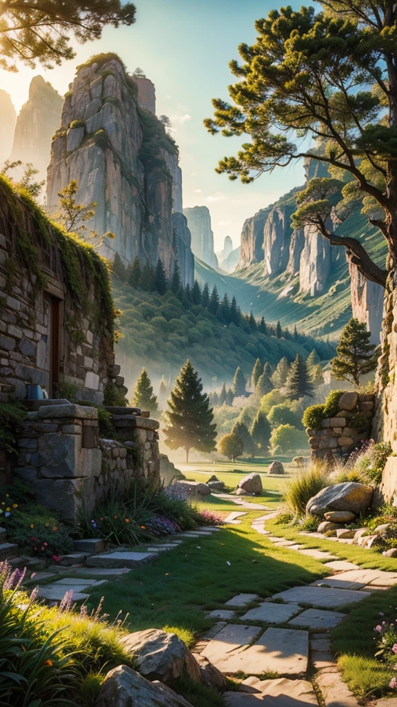 fairytale view with ornamented fantasy fairy garden in a wide valley with huge dramatic mountains in the distance,springtime,large ornamental lawns, rocks plants flowers shrubs trees moss lawns grass animals,sunrise and strong sunbeams,very hazy,extreme details,photorealistic,4k,HD,beautiful,nature, dreamy, low shot,ground level photo
