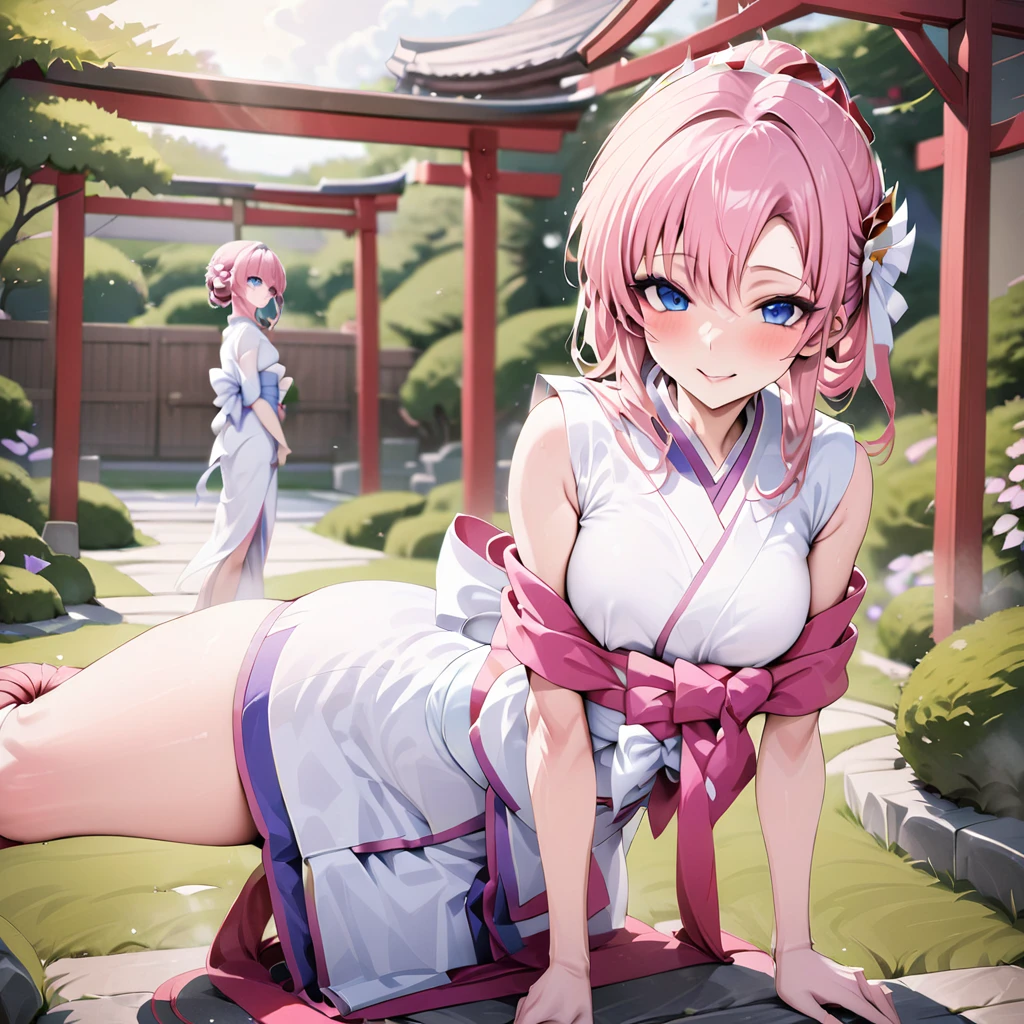 ((Highest quality)), ((masterpiece)), (detailed), （Perfect Face）、The Japanese princess is Lacus Clyne, with blue eyes, pink hair that is tied up, and a white Japanese wedding hood and a pure white wedding kimono called Shiromuku.、The woman is in a Japanese garden