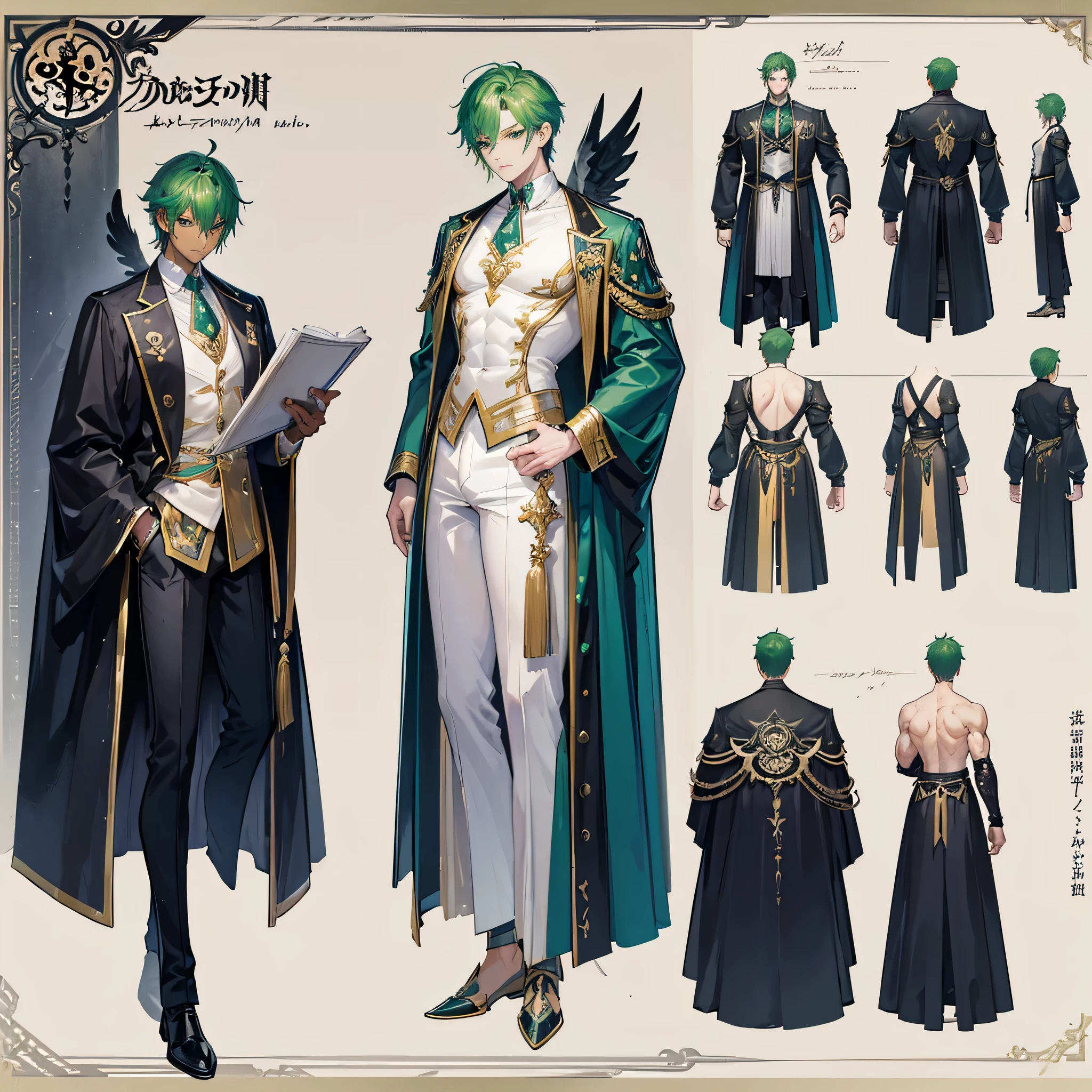 (Masterpiece, best quality), detailed, 1 man, ((character concept art)), ((character design sheet, same character, front, side, back)), full body, body complete, 1 Male angel, 1 Man angel, Detailed face, character design sheet,full bodyesbian, Highly detailed, character sheet, character design, Many parts, dark skin, angel wings, short green hair, angel outfit, muscle male god, male clothes, masculine, muscle man, male muscle, manly, male angel, Muscle male with short green, hair,beautiful man, beautiful muscle man