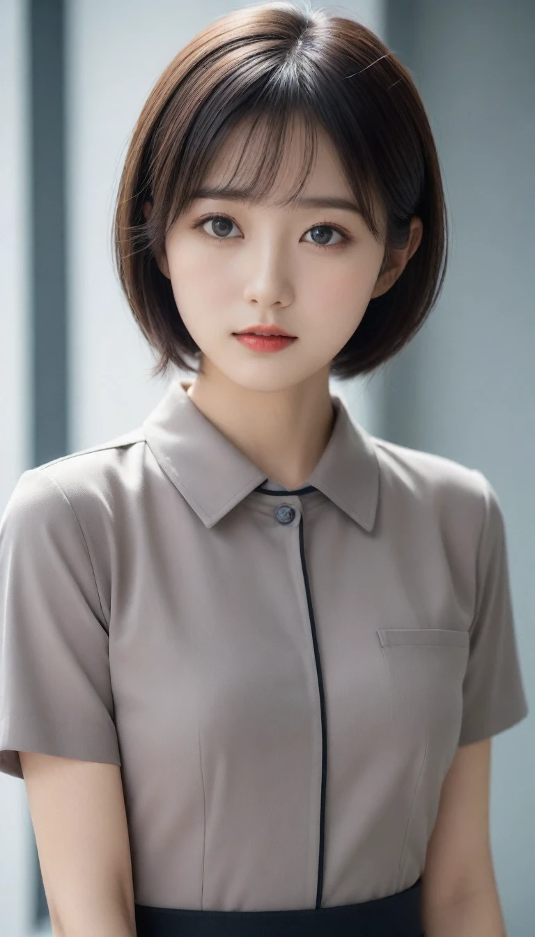 8k, Ultra-high resolution, Highest quality, masterpiece, 三分割法によるphotograph,Surreal, photograph, 1 Girl, (16 years old:1.3), pretty girl, Cute Face, Beautiful eyes in every detail, 細かくdetailedに,masterpiece,One Girl:1.2,Japanese female officer,Superior non-commissioned officer,full body,furious,glaring,Black short hair,Bob with bangs, (The finest ceremonial attire:1.3),Pencil Skirt,Military clothing,Nazi SS uniform,HUGO BOSS,Sharp contours,Looking down,Gray background, Light from above, Low contrast, (Side view),Perfect and beautiful face ,完璧でCute Face, Skin with attention to detail, Perfect limbs、Narrow waist,Looking at the audience,(((Ideal body type))),A cup small breasts :2,Portraiture:2,Perfect Anatomy,鮮明なdetailed,detailed,Surreal,Light and shadow,glowing