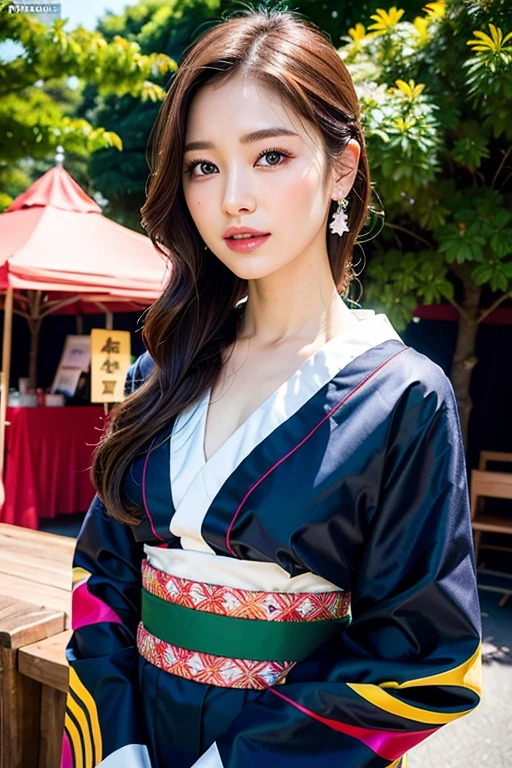 (masterpiece:1.3), (8k, Realistic, RAW Photos, Best image quality: 1.4), (Random Hairstyles:1.2)、Center of chest、(Highly detailed face)、Attention to detail、double eyelid、(Dark Eyes)、(Sharp focus:1.2)、Beautiful woman:1. 4,25 year old woman in kimono、Chest-length hair、Highest quality、masterpiece、Ultra-high resolution、(Realistic:1.4)、super high quality、Symmetrical face、The face is very realistic、Photo level、8k最高画質はフル、Sebaceous reflex、The face is very realistic、Extremely realistic skin、Realistic light and shadow effects、(innocent and classy girl),Professional Lighting、((Waist-up portrait:1.2))、Kimono、((Lots of food stalls))、((Outdoor Event Venues))