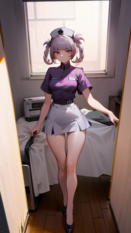 masterpiece,high quality, Beauty,A girl in a tight nurse costume stands in her room, big hips, , Long legs, Short skirt