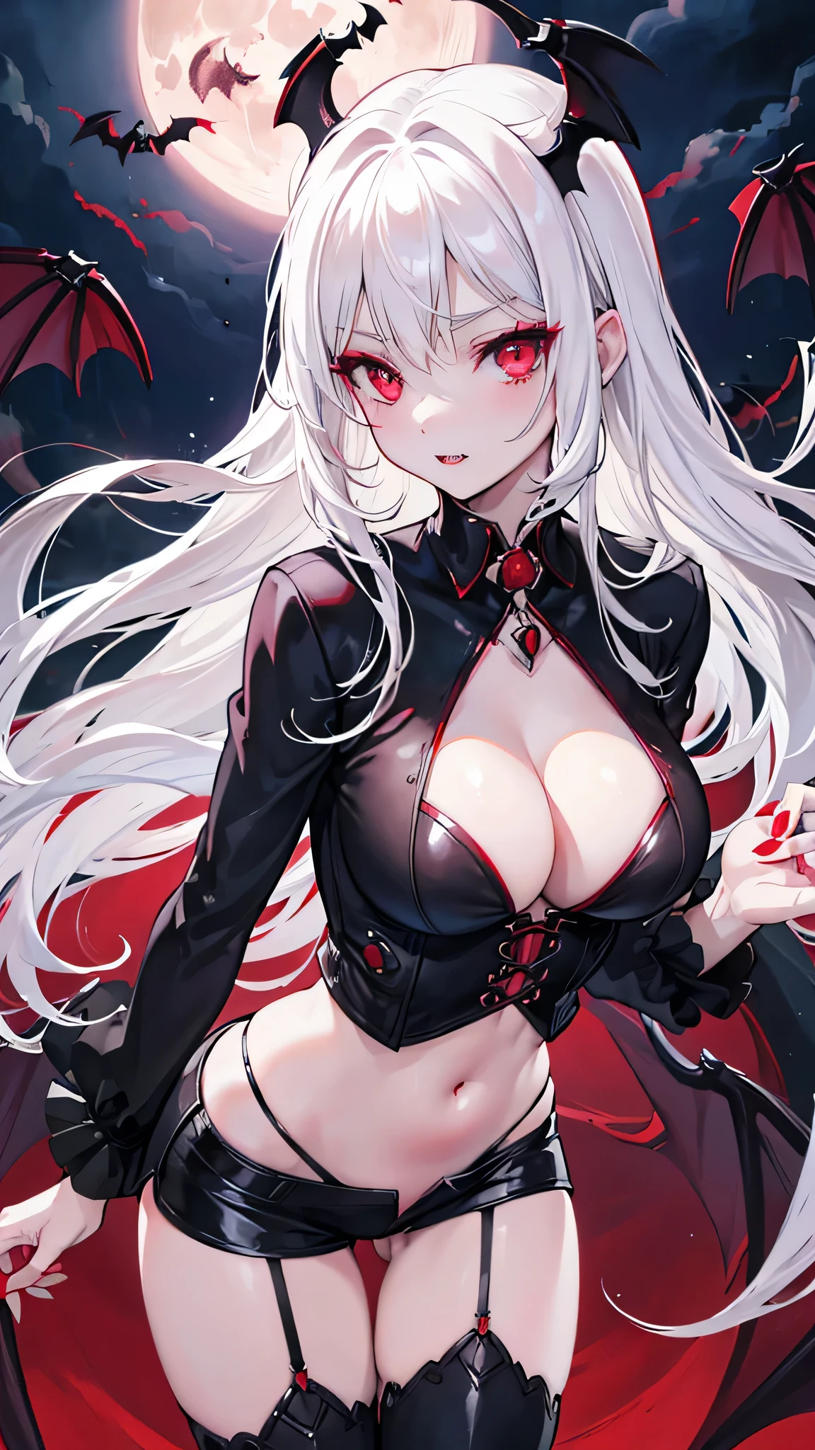 realistic, 1girl, (vampire girl:1.4), white hair, (red eyes), glowing eyes, slit pupils, (blood, blood splatter), crop top, cleavage, short shorts, collarbone, parted lips, fangs, makeup, blush, night, reflection, full moon, moonlight, rose, castle, shadow, darkness, bat \(animal\), cameltoe, tetas enorme