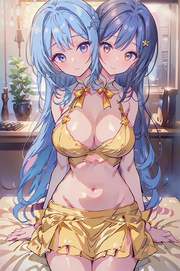 (masterpiece, best quality),best quality, (ultra-detailed), ((3heads:1.5)), (three headed girl), 1girl, (label girl (dipp):1.3), masterpiece, ultra quality, ultra resolution, ultra detail, white top, crop top, ((stomach)), midriff, ((groin)), red skirt, normal ears, shackles, blue hair, very long hair, wavy hair, sidelocks, yellow eyes, detailed eyes, parted lips, soft smile, smiling, open belly, sweat, cute, toned belly, hand on own chest, eyelashes, (22 year old woman:1.3), (masterpiece:1.5), (best quality:1.5), (beautiful detailed extremely detailed CG, extremely delicate and beautiful, depth of field, (finely detailed face), (perfect details:1.2), (mature female:1.3), wide pelvis, slender, large veiny breast, 16k resolution, highres, high quality, high definition, extremely detailed, masterpiece, best quality, blue hair, long hair, alluring presence, braid, short skirt, close up, very big tits, very huge tits, young, star hair ornament, yellow ribbon, side ponytail, cabbie hat, hair ornament, girl with three heads, three headed girl,
