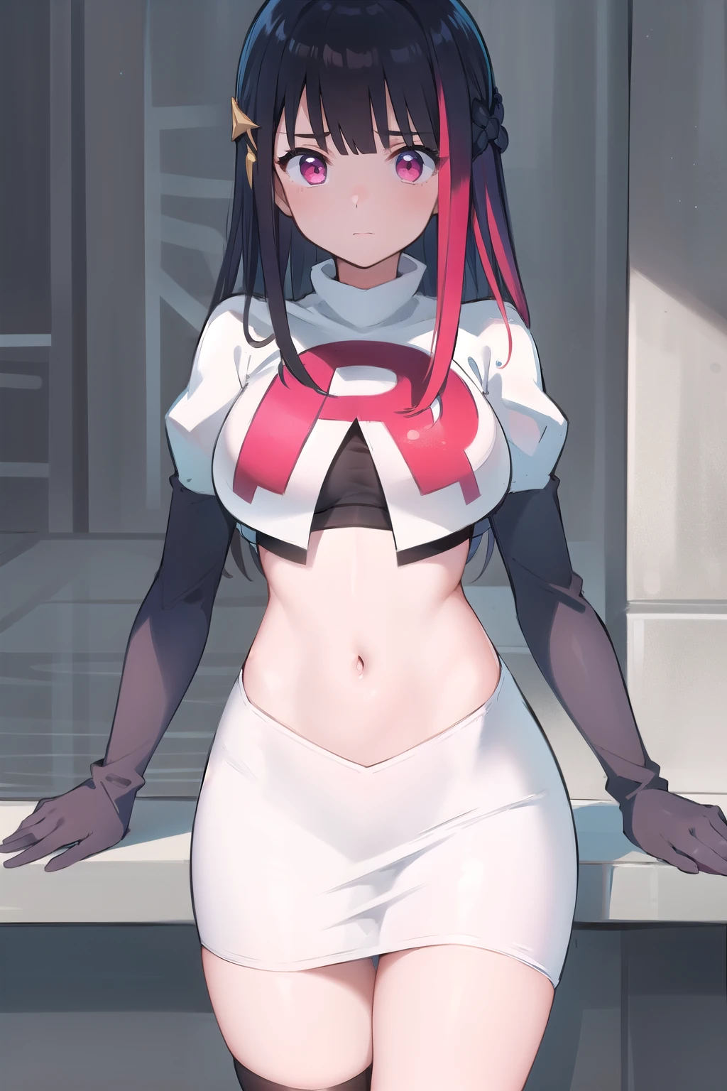 rouge redstar,1girl, black hair, solo, long hair, pink eyes,ear ornament, streaked hair, blunt bangs, looking at viewer,cowboy shot, team rocket,team rocket uniform,white skirt,red letter R,crop top,black thigh-highs,black elbow gloves, (best quality, masterpiece),