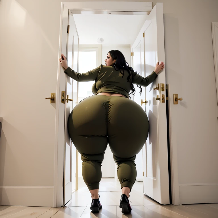masterpiece, 1girl behind a doorway, from behind, (doorstuck, stuckback:1.3), ssbbw ,huge wide hips, round belly, thick thighs, giant butt,colorful clothing, wearing a olive green suit and tie and formal pants, upset, desperately trying to wiggle through, she tries to free herself but she won't budge, she is stuck tight view from above, she is too wide, the doorway is quite narrow too, she kicks her legs furiously, trying to wiggle her hips through the small door, but its no good, the door is too small, she keeps trying to squeeze through with frustration, she is stuck too tight