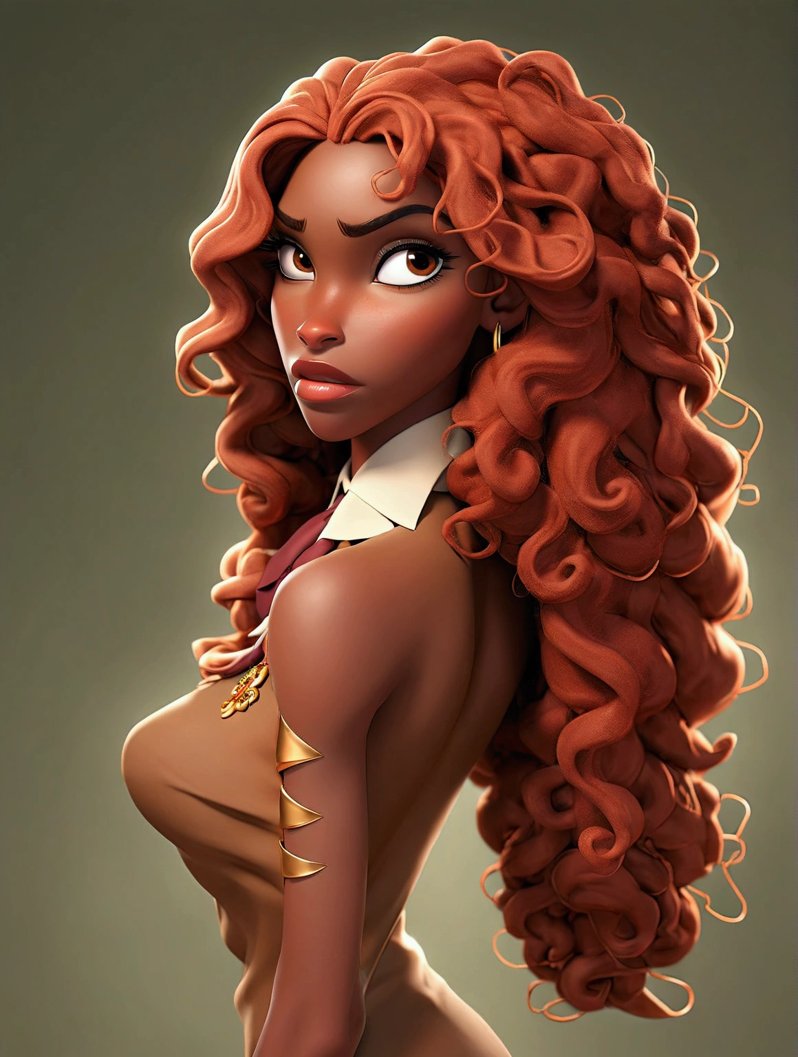 aRaffe woman with long cuRly haiR and a tie on heR neck, sessão de fotos, cuRly coppeR coloRed haiR, wavy haiR spRead out, goRgeous woman, foto de uma mulher negra, sessão de fotos, inspiRed by Daphne Allen, light-bRown skin, waRm glow, pele bronzeada, showing heR shouldeR fRom back, pRomo image, lindamente iluminado, R&b, linda mulher mexicana bronzeada