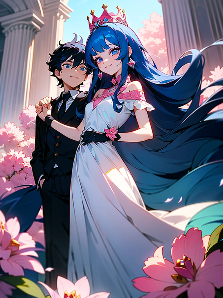 Anime two people; boy and girl, siblings, (anime boy, crimson eyes, detailed eyes, long eyelashes, dark blue hair; long flowy hair, shoulder-length hair, red sunglasses with black lenses, smiling with teeth, black suit, white collared shirt, black tie), (Anime girl, princess, light blue eyes, detailed eyes, long eyelashes, dark blue hair, curly hair, long flowy hair, pink flowers in hair, diamond accessories in hair, crown, long pink white royal dress), girl shorter than boy, smiling, holding hands, standing on stairs of mansion